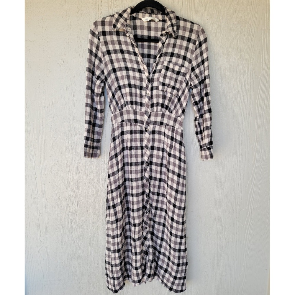 Women's‎ Zara Plaid Shirt Dress XS Black Boho Preppy Classic Modest Retro